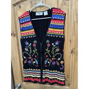 White Stag Women's Black‎ Knit Vest Multicolor Floral Embroidery Size 18/20